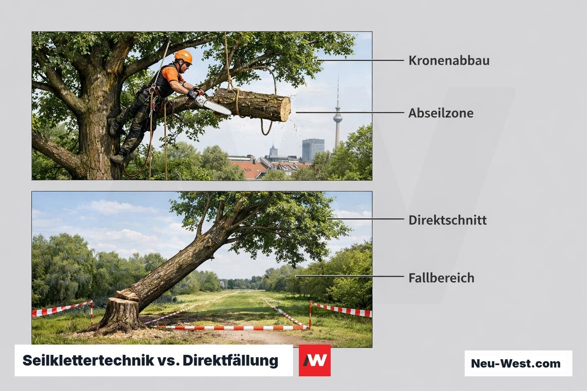 Seilklettertechnik vs. Direktfällung: Schnittreihenfolge und Platzbedarf – Erklär-Grafik (NEUWEST Berlin)