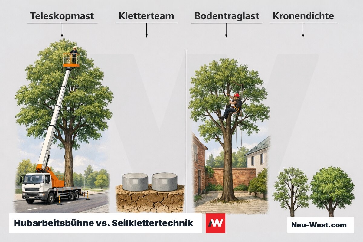 Hubarbeitsbühne vs. Seilklettertechnik: Einsatzgrenzen im Vergleich – Erklär-Grafik (NEUWEST Berlin)