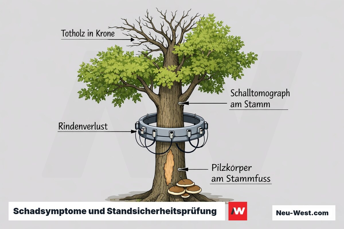 Erklär-Grafik eines Baumes mit Schadsymptomen: Totholz, Pilzkörper, Rindenverlust und instrumenteller Standsicherheitsprüfung per Schalltomograph.