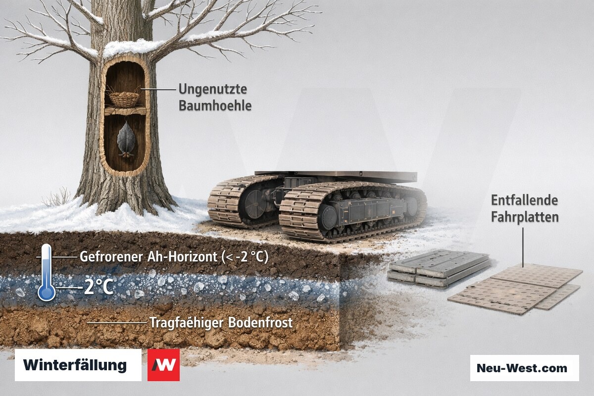 Querschnitt einer Winterfällung: ungenutzte Baumhöhle und gefrorener Ah-Horizont bei Frost, der Fahrplatten überflüssig macht.