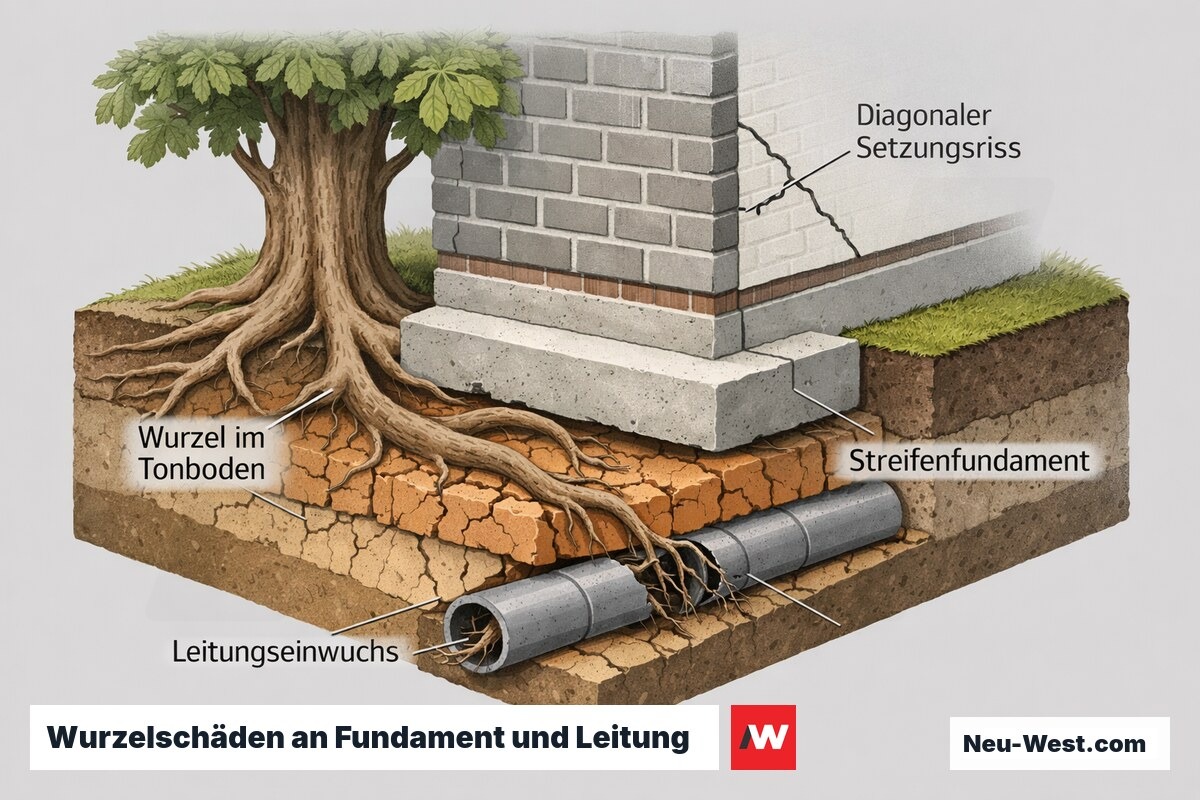 Querschnitt: Baumwurzel im Tonboden entzieht Wasser, Streifenfundament setzt sich, diagonaler Riss in Gebäudeecke und Wurzeleinwuchs in Leitung.