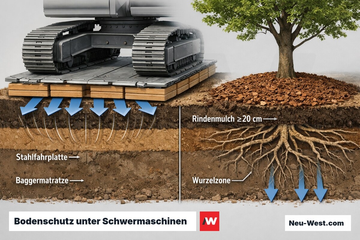 Querschnitt: Baggerkette auf Stahlfahrplatten und Baggermatratzen verteilt den Bodendruck, geschützte Wurzelzone mit Rindenmulch-Abdeckung.