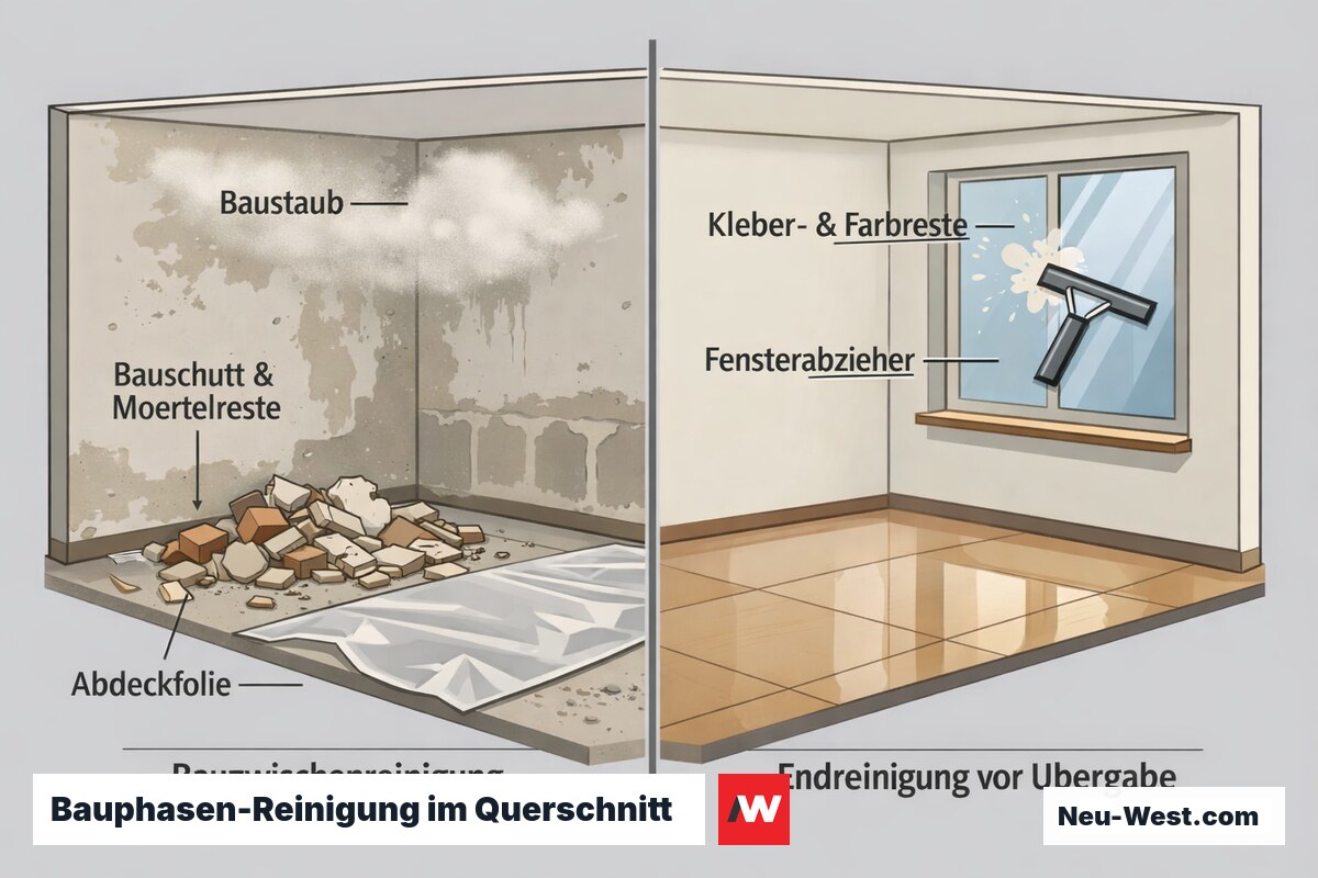 Querschnitt eines Bauraums: links Bauzwischenreinigung mit Bauschutt und Staub, rechts Endreinigung mit Kleberesten am Fenster vor Übergabe.