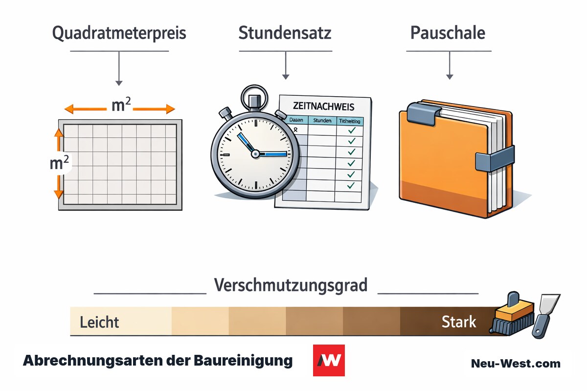 Diagramm der drei Abrechnungsarten fuer Baureinigung: Quadratmeterpreis, Stundensatz und Pauschale, plus Preisskala nach Verschmutzungsgrad.