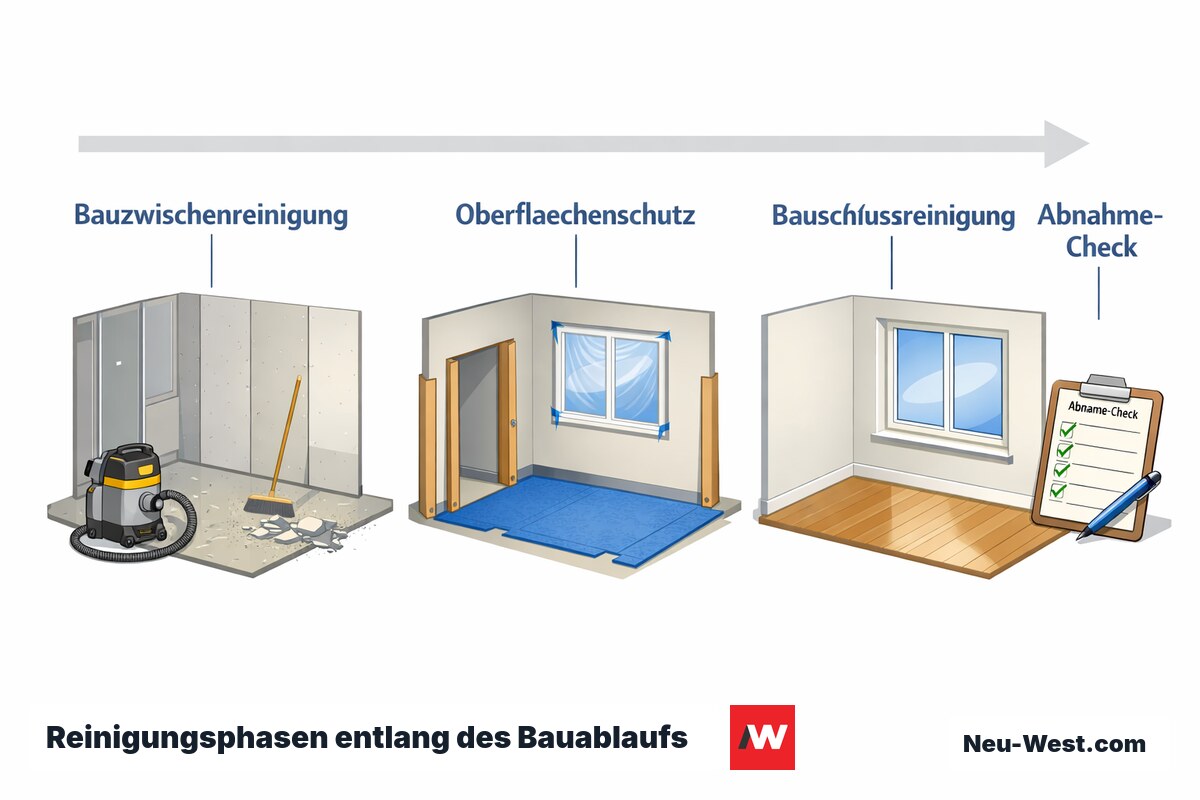 Prozess-Sequenz eines Bauablaufs von der begleitenden Bauzwischenreinigung über Oberflächenschutz bis zur Bauschlussreinigung und Abnahme.