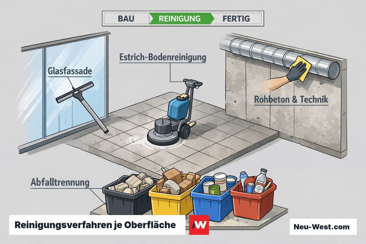 Cutaway eines Rohbau-Raums: Glasfassade, Estrichboden mit Reinigungsmaschine, Beton und Technik sowie fachgerechte Abfalltrennung im Bauablauf.