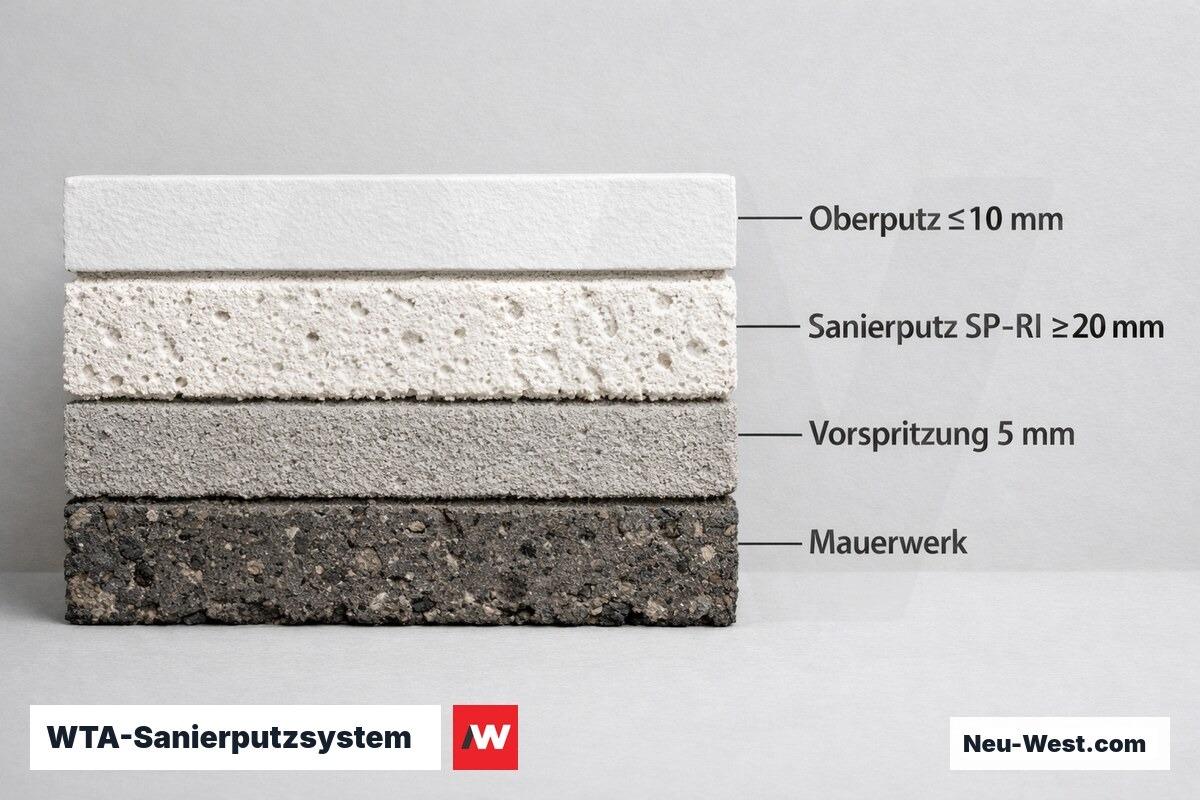 WTA-Sanierputzsystem: Schichtaufbau mit Mindestdicken – Erklär-Grafik (NEUWEST Berlin)