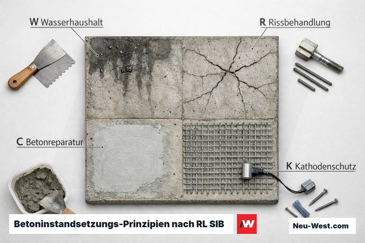 Betoninstandsetzungs-Prinzipien nach RL SIB: W / R / C / K – Erklär-Grafik (NEUWEST Berlin)