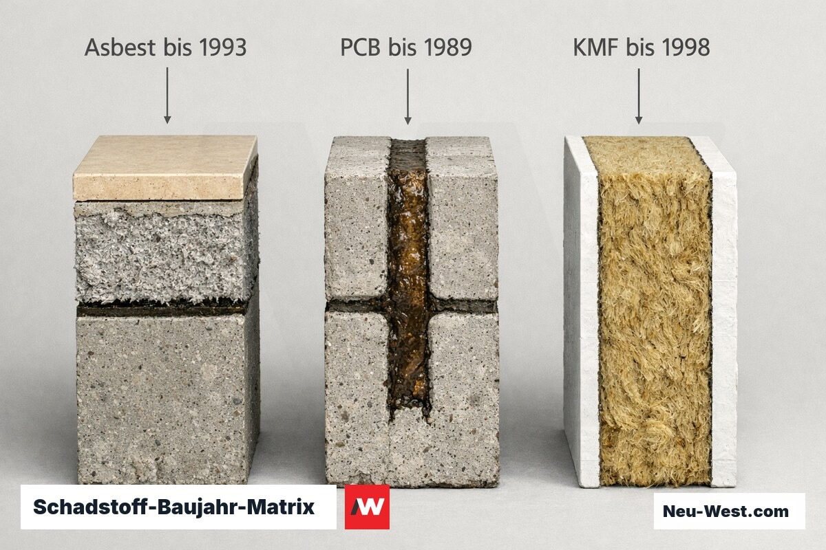 Schadstoff-Baujahr-Matrix: Einbauorte nach Bauteil – Erklär-Grafik (NEUWEST Berlin)