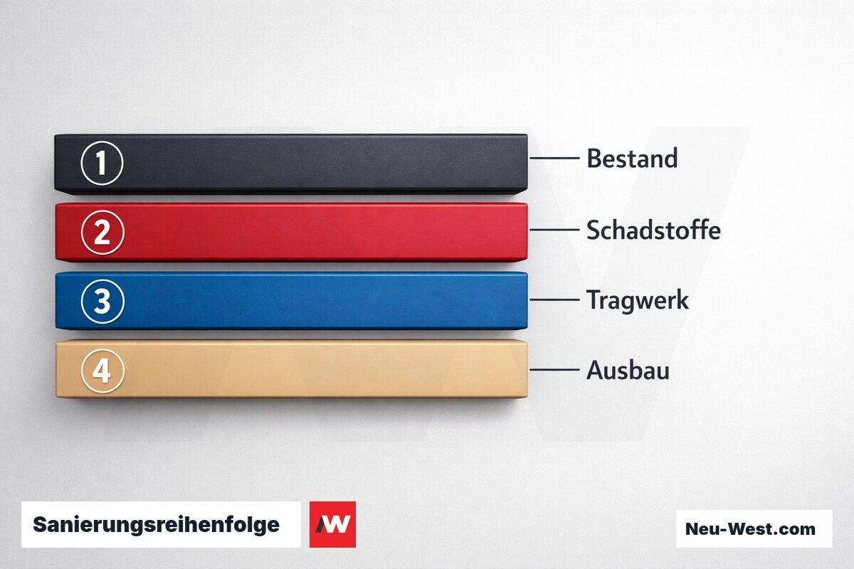 Sanierungsreihenfolge: 4 Pflichtphasen nach Gewerken – Erklär-Grafik (NEUWEST Berlin)