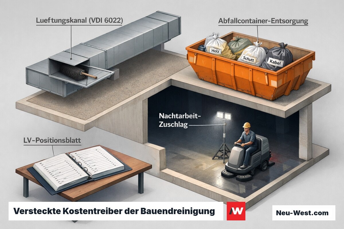 Gebäude-Querschnitt zeigt Lüftungskanalreinigung, Abfallcontainer, Nachtarbeit mit Flutlicht und detailliertes LV-Positionsblatt als m²-Preis-Kostenfaktoren.
