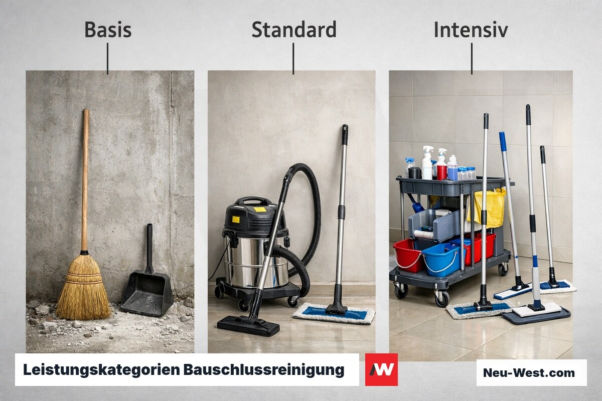 Leistungskategorien Bauschlussreinigung: Basis / Standard / Intensiv – Erklär-Grafik (NEUWEST Berlin)