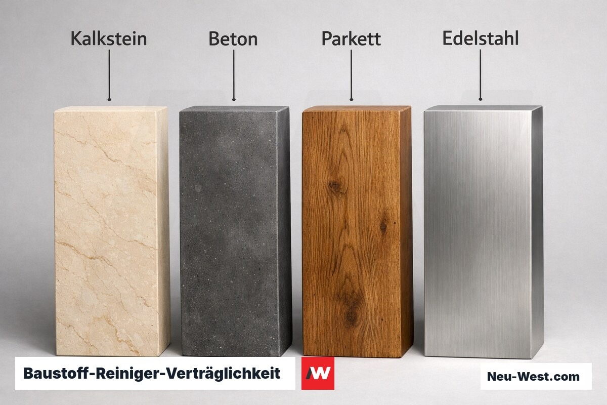 Baustoff-Reiniger-Verträglichkeit: pH-Wert vs. Untergrund – Erklär-Grafik (NEUWEST Berlin)