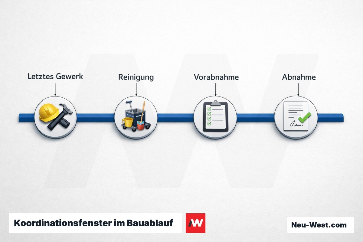 Koordinationsfenster im Bauablauf: Gewerk → Reinigung → Vorabnahme → Abnahme – Erklär-Grafik (NEUWEST Berlin)
