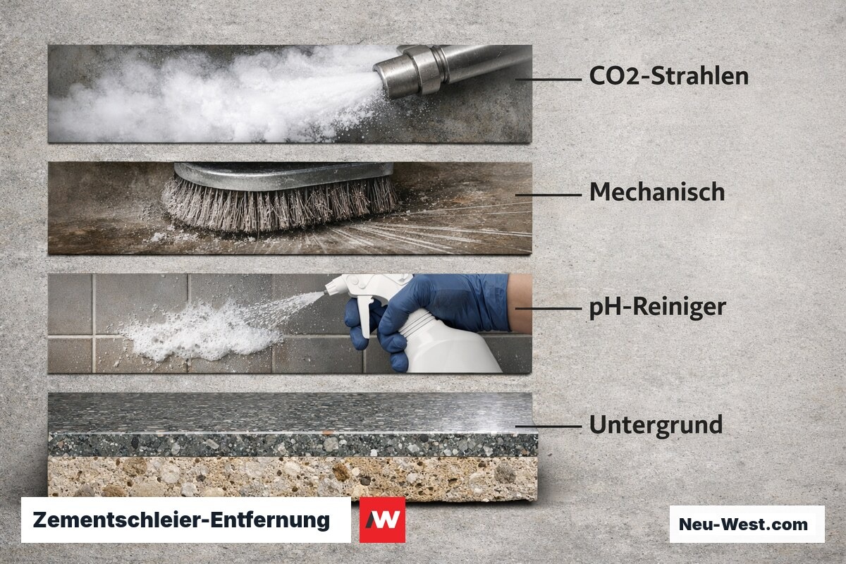 Zementschleier-Entfernung: Verfahrensvergleich nach Untergrundeignung – Erklär-Grafik (NEUWEST Berlin)