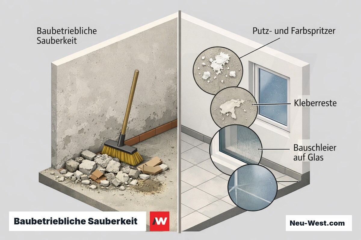 Querschnitt-Grafik: links grobe baubetriebliche Sauberkeit, rechts Bauschlussreinigung mit Entfernung von Putzspritzern, Kleberresten und Bauschleier.