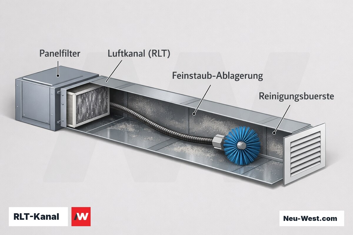 Querschnitt eines RLT-Luftkanals mit Feinstaub-Ablagerung, Panelfilter im Lüftungsgerät und Reinigungsbürste vor der Erstinbetriebnahme.