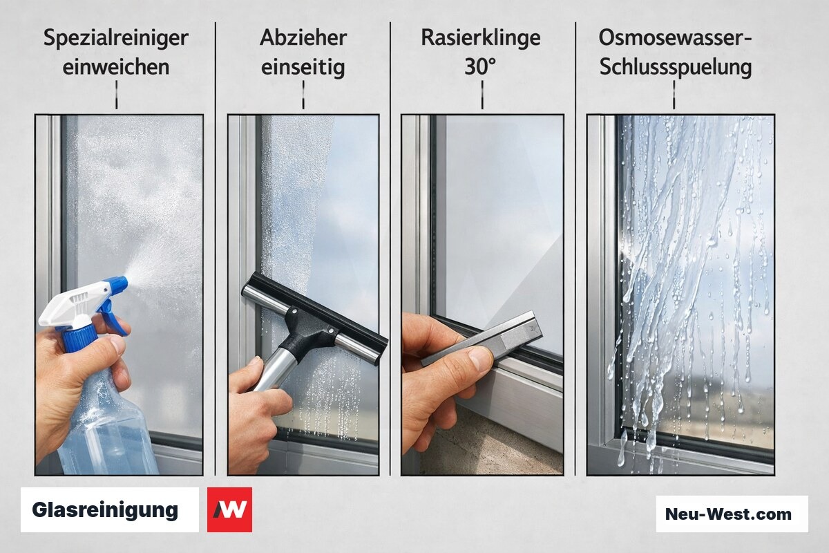 Erklär-Grafik in vier Schritten: sauren Reiniger einweichen, Abzieher einseitig ziehen, Silikon mit Rasierklinge bei 30 Grad, Osmosewasser-Schlussspülung.