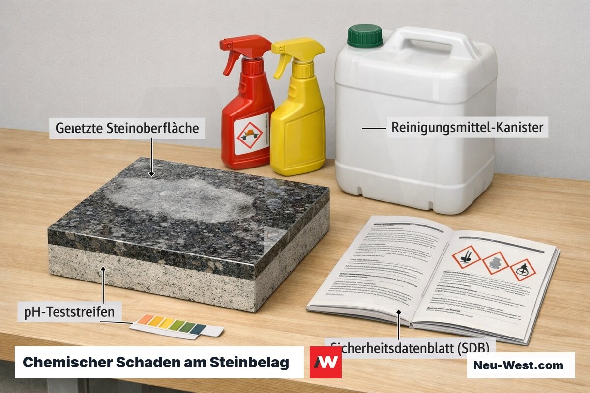 Querschnitt eines geätzten Natursteinbelags mit Reinigungsmittel-Kanister, Sicherheitsdatenblatt und pH-Teststreifen zur Schadensursachen-Analyse.