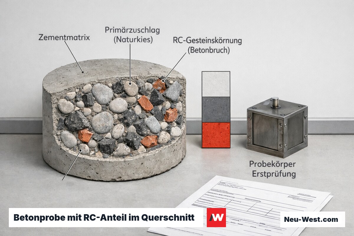 Querschnitt eines Beton-Probekörpers mit sichtbarem Naturkies, recyceltem Betonbruch und Zementmatrix zur Veranschaulichung zulässiger RC-Anteile.
