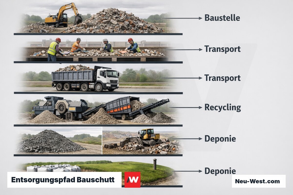Entsorgungspfad Bauschutt: Von der Baustelle zur Verwertung oder Deponie – Erklär-Grafik (NEUWEST Berlin)