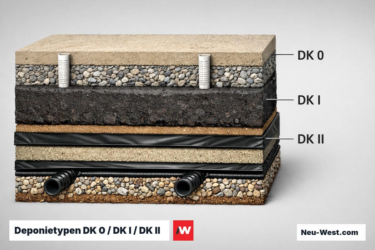 Deponietypen DK 0 / DK I / DK II: Abdichtungssysteme und Kostendifferenz – Erklär-Grafik (NEUWEST Berlin)