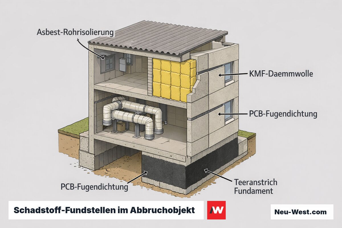 Gebäude-Querschnitt mit vier markierten Schadstoffquellen vor dem Abbruch: Asbest-Rohrisolierung, KMF-Dämmwolle, PCB-Fugendichtung und Teeranstrich am Fundament.