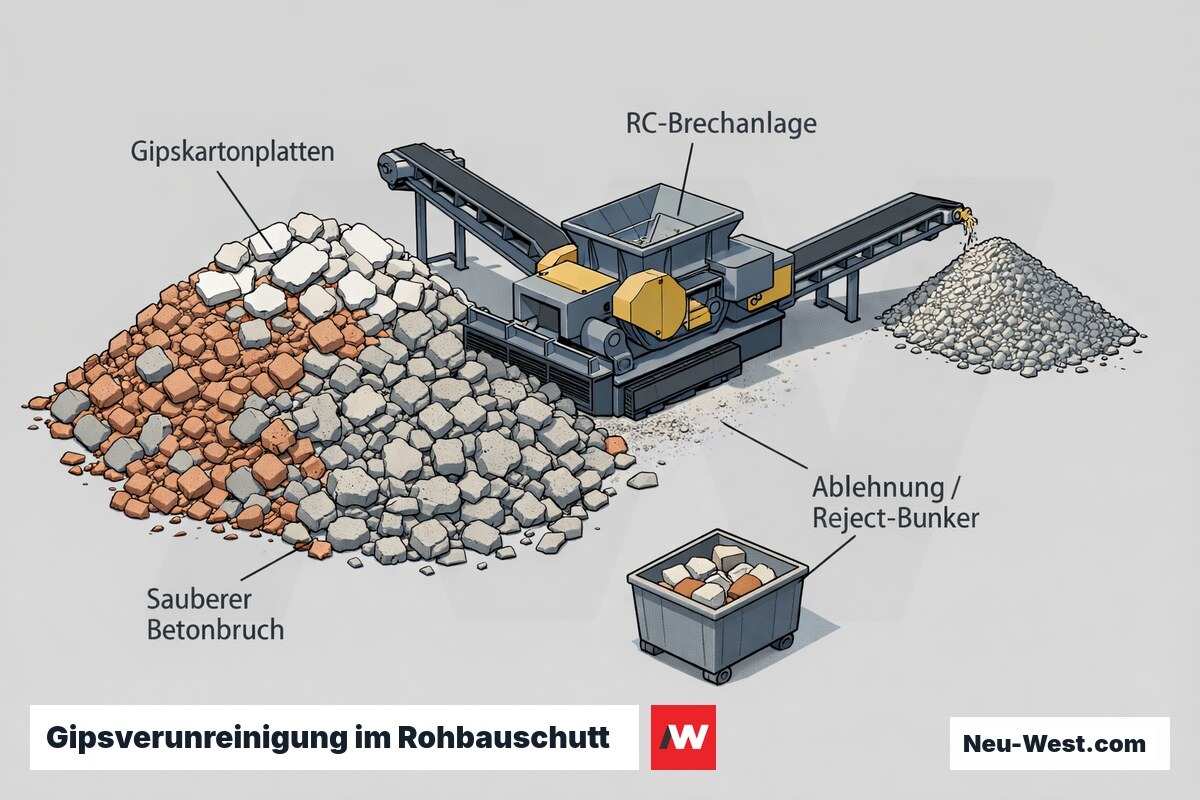 Querschnitt eines Bauschutthaufens mit weissen Gipsplatten-Fragmenten zwischen sauberem Beton- und Ziegelbruch vor einer RC-Brechanlage mit Reject-Bunker.