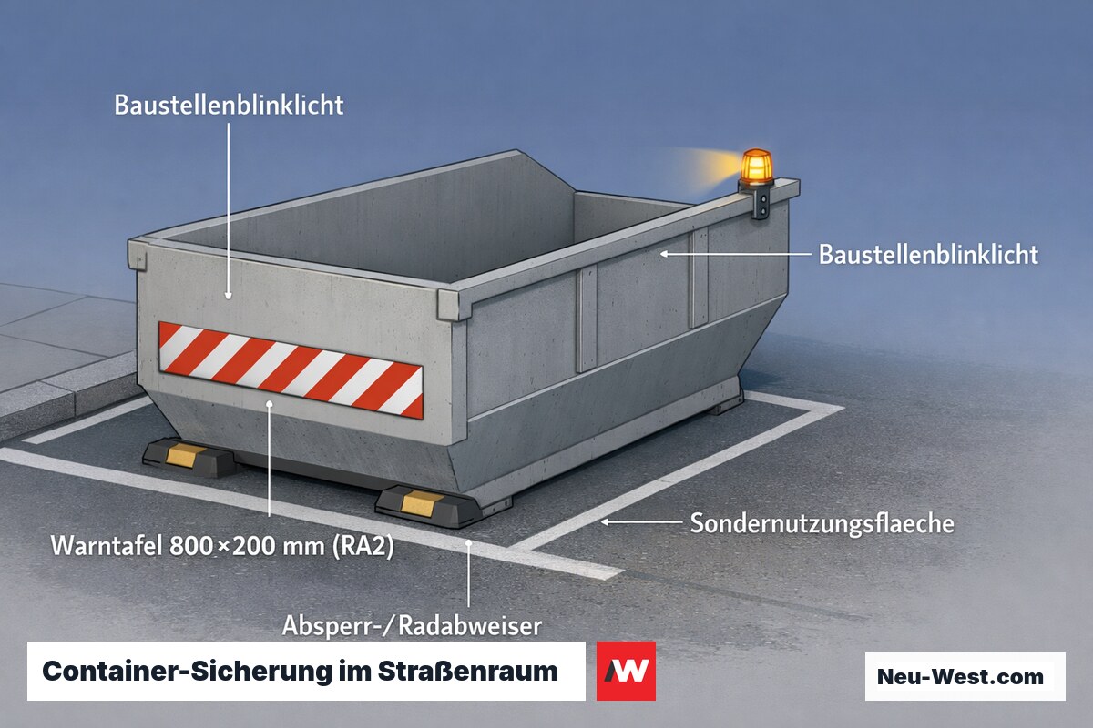 Cutaway-Diagramm eines Straßencontainers in Berlin mit retroreflektierender Warntafel, batteriebetriebenem Blinklicht und markierter Sondernutzungsfläche.
