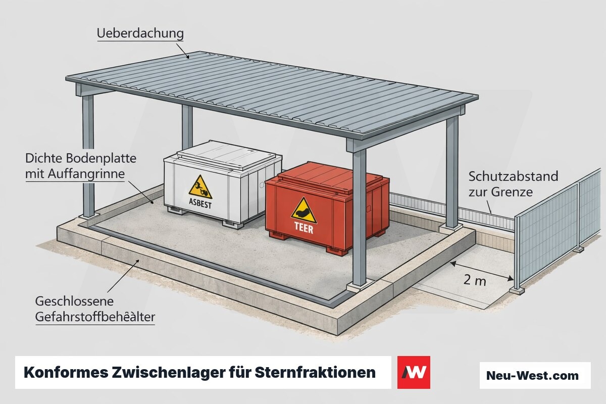 Querschnitt eines überdachten Bauschutt-Zwischenlagers mit dichter Bodenplatte, geschlossenen Gefahrstoffbehältern für Asbest und Teer sowie Schutzabstand zur Grundstücksgrenze.