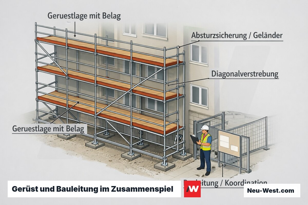 Cutaway-Illustration einer Berliner Baustelle mit Fassadengerüst, Arbeitsbelag, Geländer, Verstrebung und Bauleitung am Baustellenzugang.