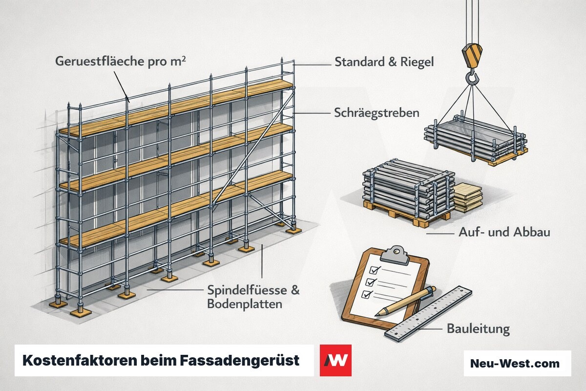 Diagramm eines Fassadengerüsts mit m²-Rasterfläche, Gerüststangen, Auf- und Abbau sowie Bauleitung als Kostenfaktoren