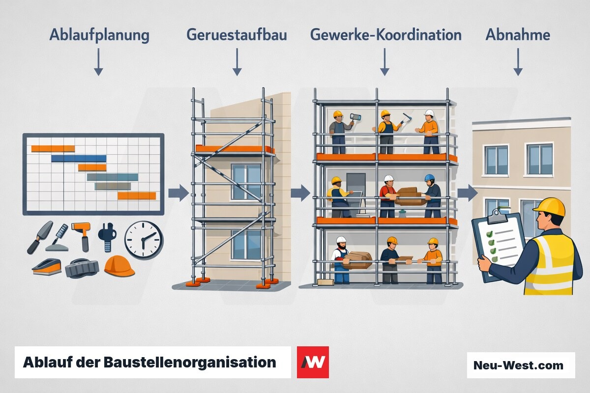 Prozess-Illustration in vier Schritten: Ablaufplanung, Gerüstaufbau, Koordination der Gewerke und Abnahme einer abgesicherten Berliner Baustelle.