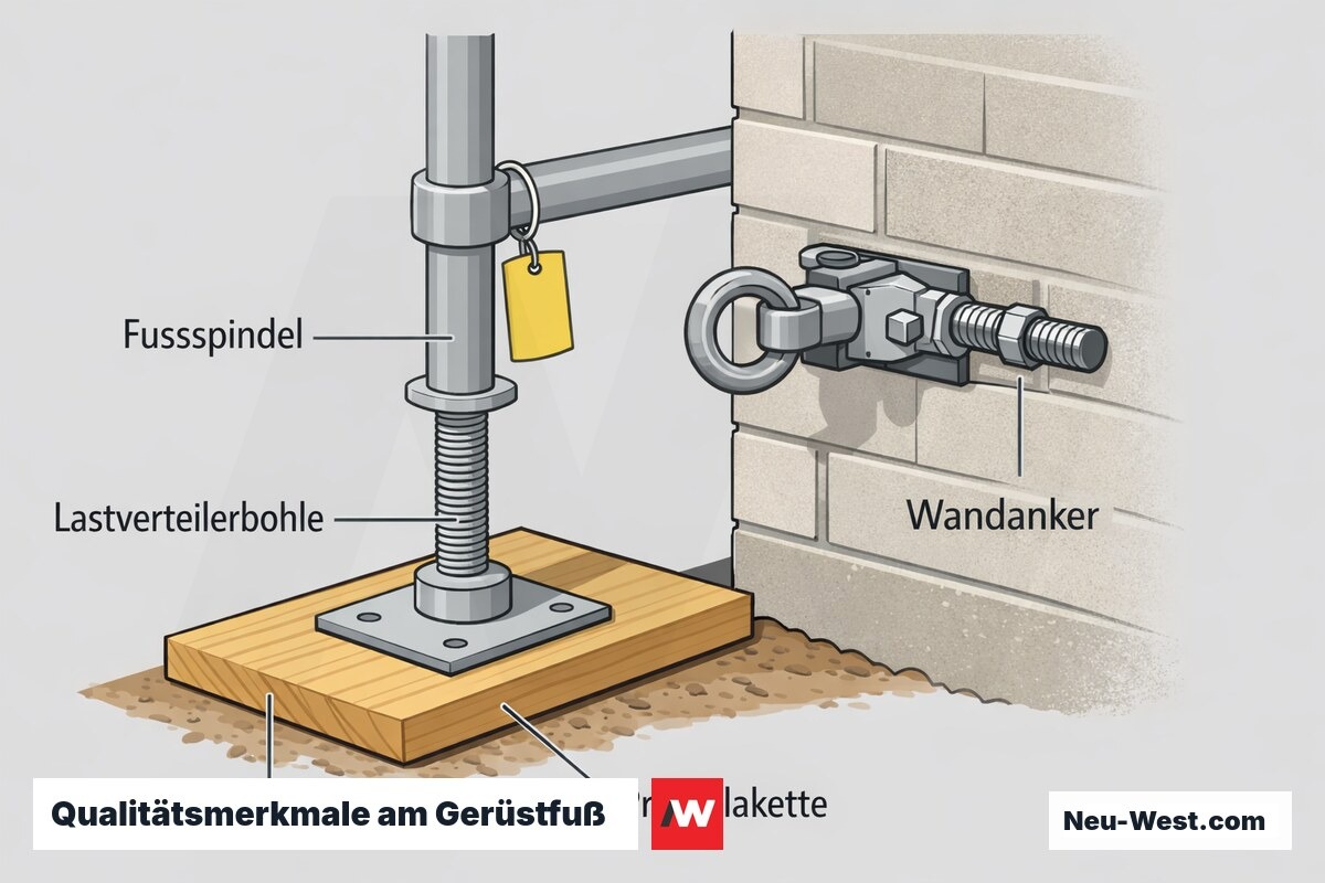 Querschnitt eines fachgerecht aufgebauten Gerüstfußes mit Fußspindel, Lastverteilerbohle, Wandanker und Prüfplakette als Qualitätsmerkmale.