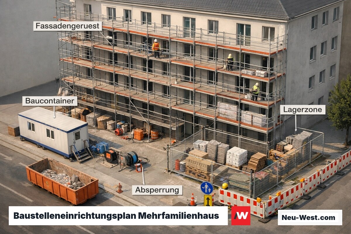 Vogelperspektive einer vollständig eingerichteten Sanierungsbaustelle an einem Berliner Mehrfamilienhaus mit Gerüst und Containern