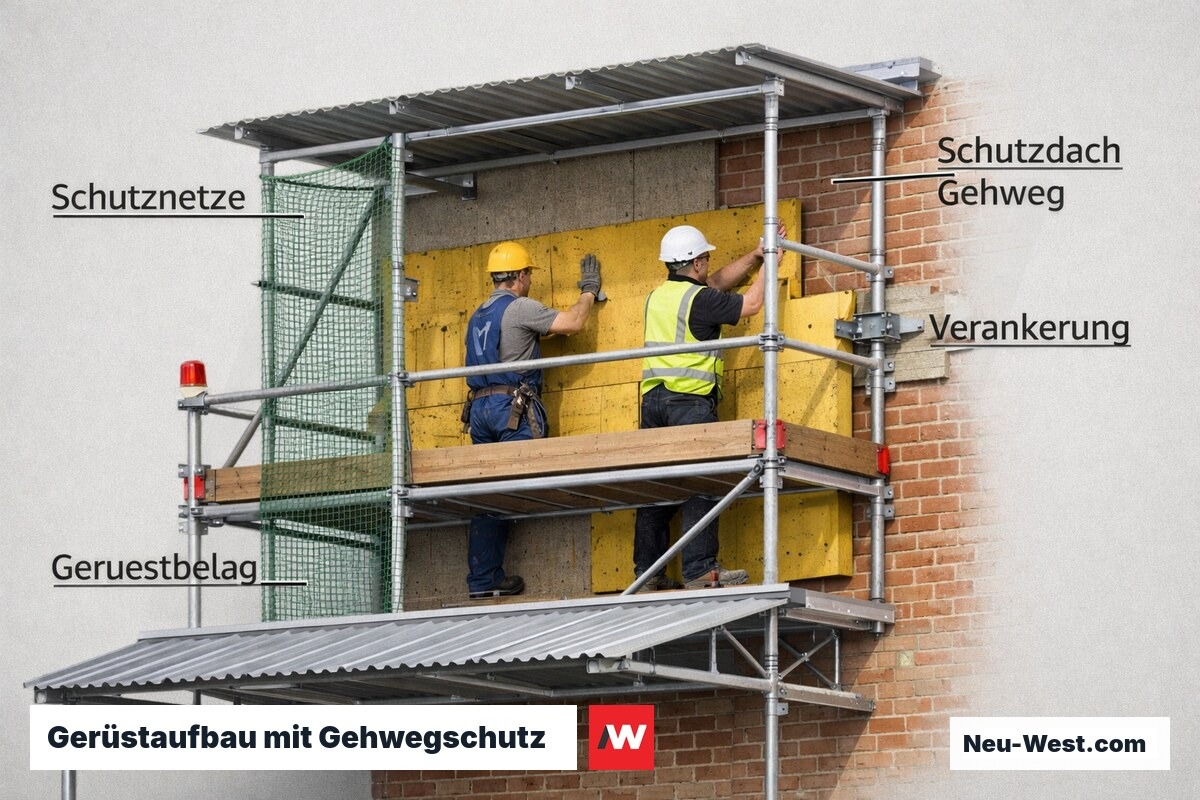 Detailansicht eines Fassadengerüsts mit Schutznetzen, Schutzdach über dem Gehweg und Wandverankerungen an einem Wohngebäude
