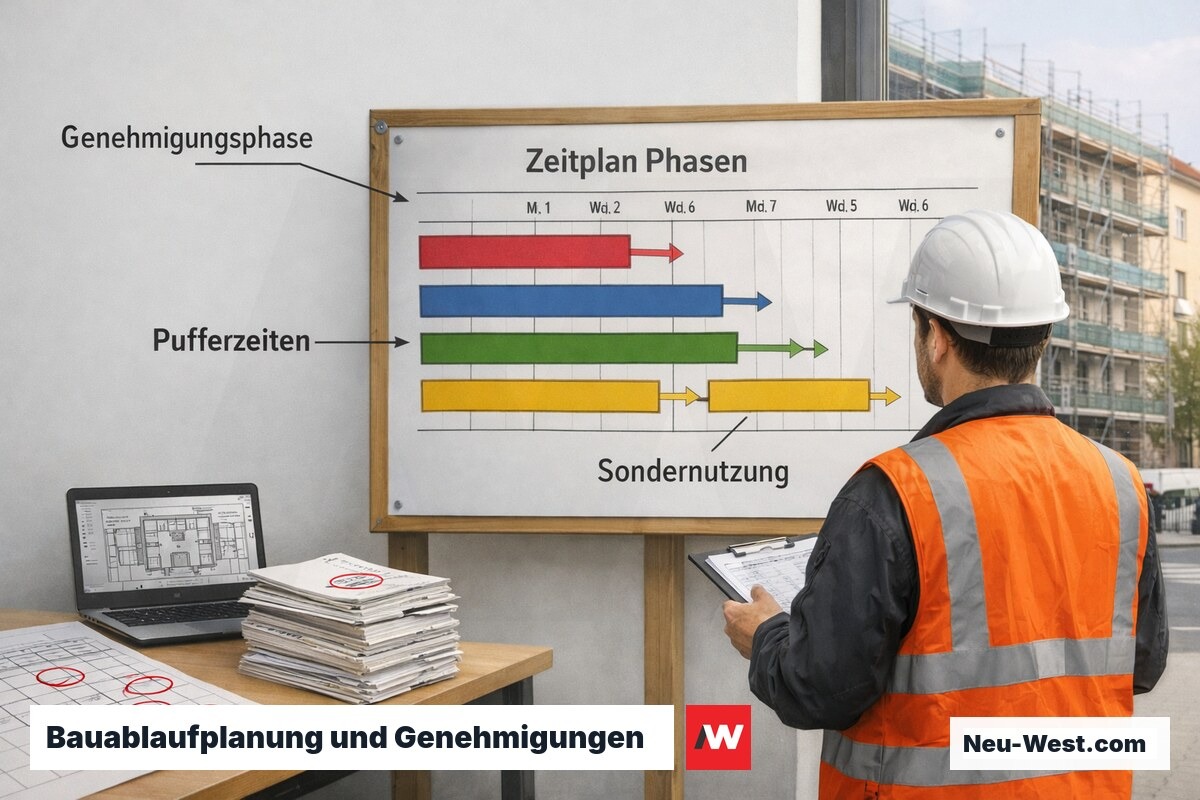 Bauleiter prüft vierphasigen Sanierungszeitplan mit Genehmigungsunterlagen vor dem Hintergrund des eingerüsteten Berliner Wohngebäudes
