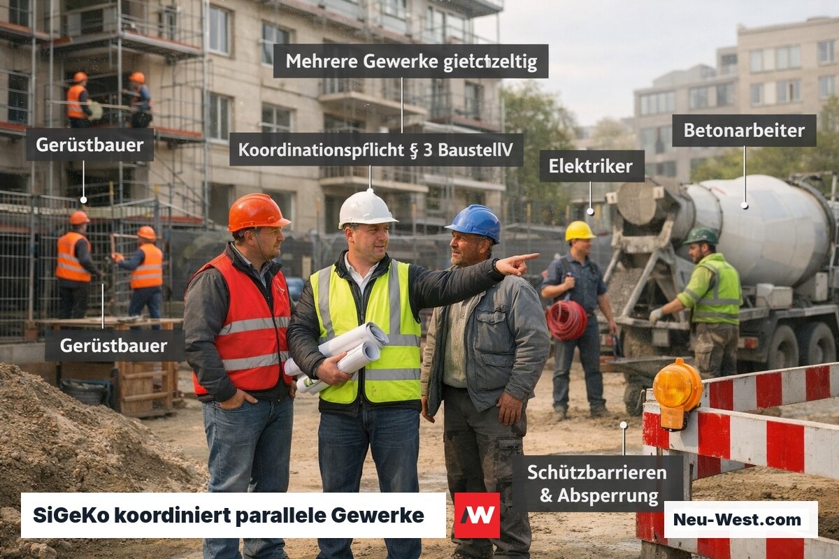 Sicherheitskoordinator in Warnweste koordiniert gleichzeitig tätige Handwerker auf einer Berliner Baustelle