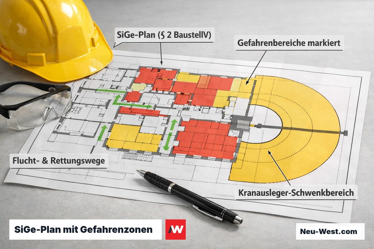 Detaillierter Sicherheits- und Gesundheitsschutzplan auf einem Bautisch mit markierten Gefahrenzonen und Fluchtwegen