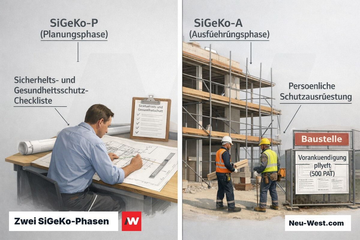 Gegenüberstellung der SiGeKo-Planungsphase am Reißbrett und der Ausführungsphase auf der aktiven Baustelle