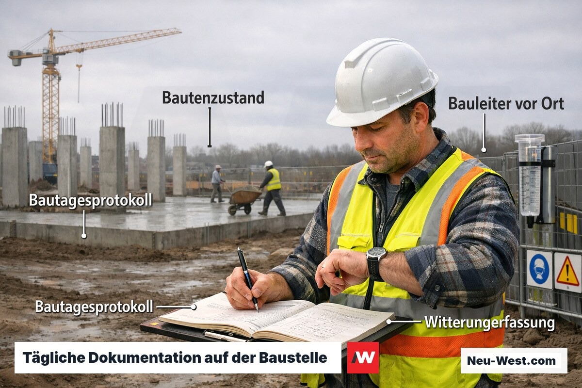 Bauleiter mit Schutzhelm führt Bautagebuch auf aktiver Baustelle mit Betonkonstruktion und Kran im Hintergrund