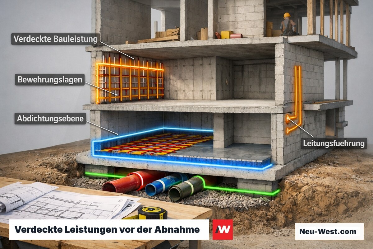 Querschnitt-Illustration eines Rohbaus zeigt unsichtbare Schichten wie Bewehrung, Abdichtung und Leitungen, die im Bautagebuch erfasst werden