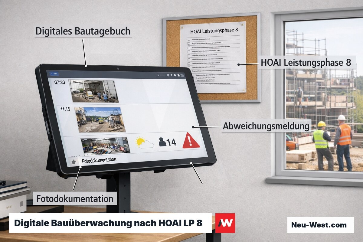 Modernes Baubüro mit Tablet-App für digitales Bautagebuch, HOAI-Checkliste an Wand, Blick auf Baustelle durch Fenster