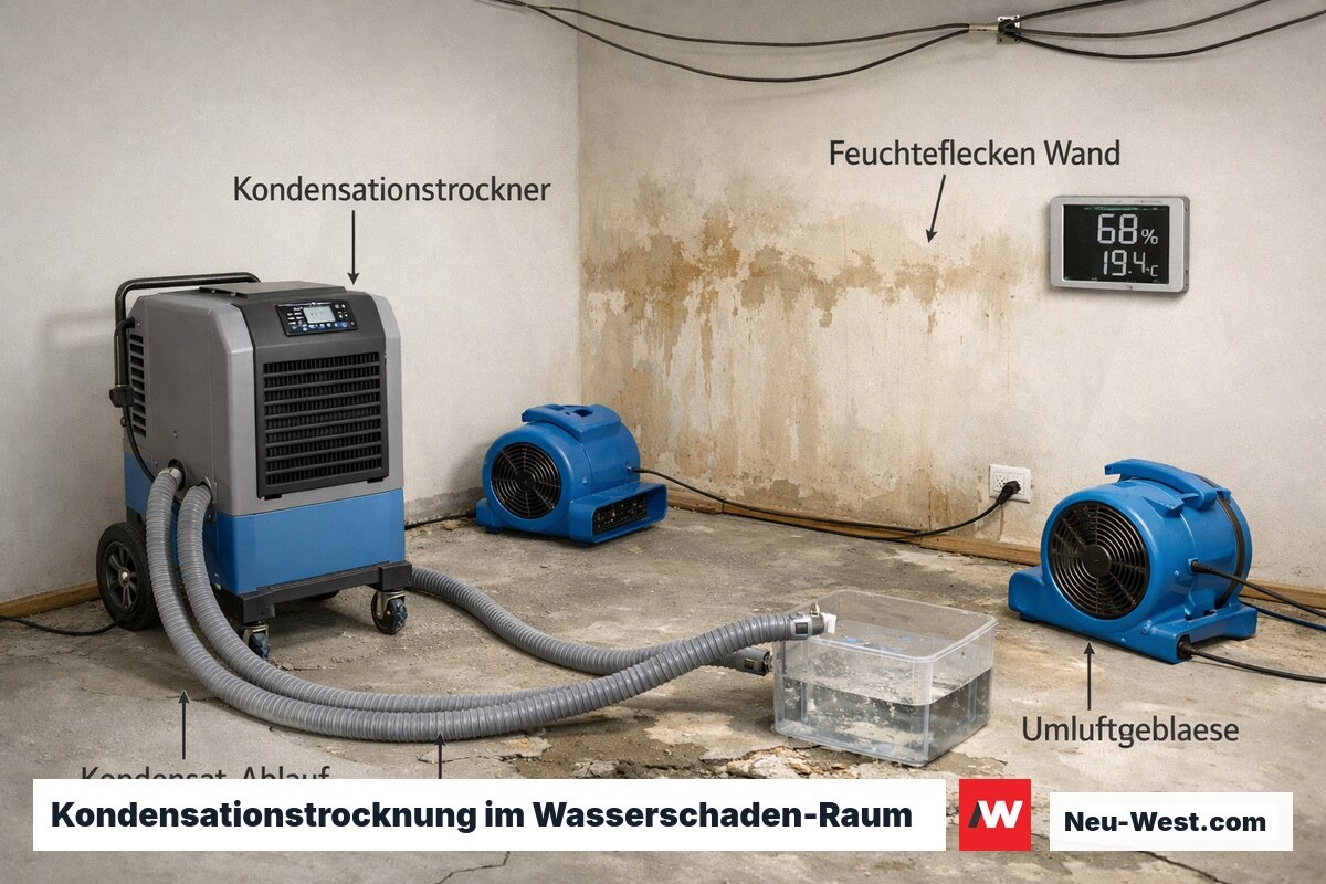 Industrieller Kondensationstrockner mit Gebläsen und Feuchtemessgerät in wasserschadensbetroffenen Wohnraum, Bautrocknung aktiv