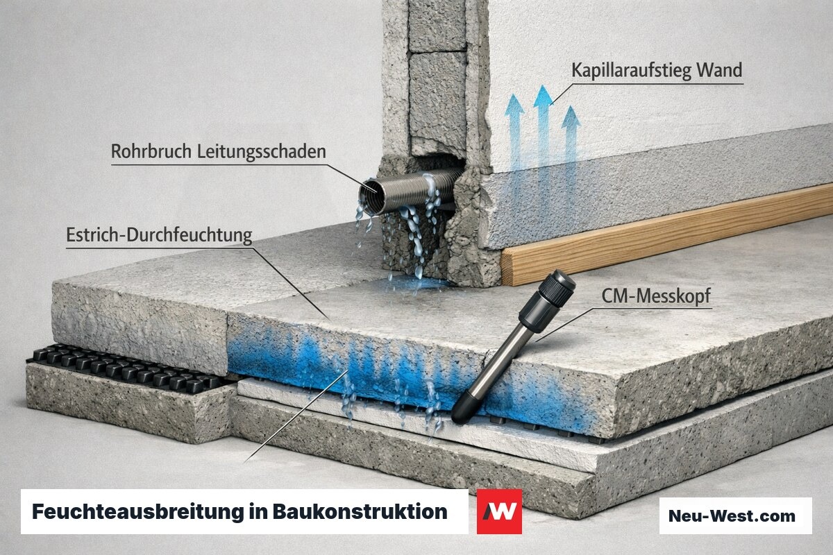 Querschnitt durch Boden und Wand zeigt Feuchteausbreitung nach Rohrbruch im Estrich und kapillaren Aufstieg im Mauerwerk