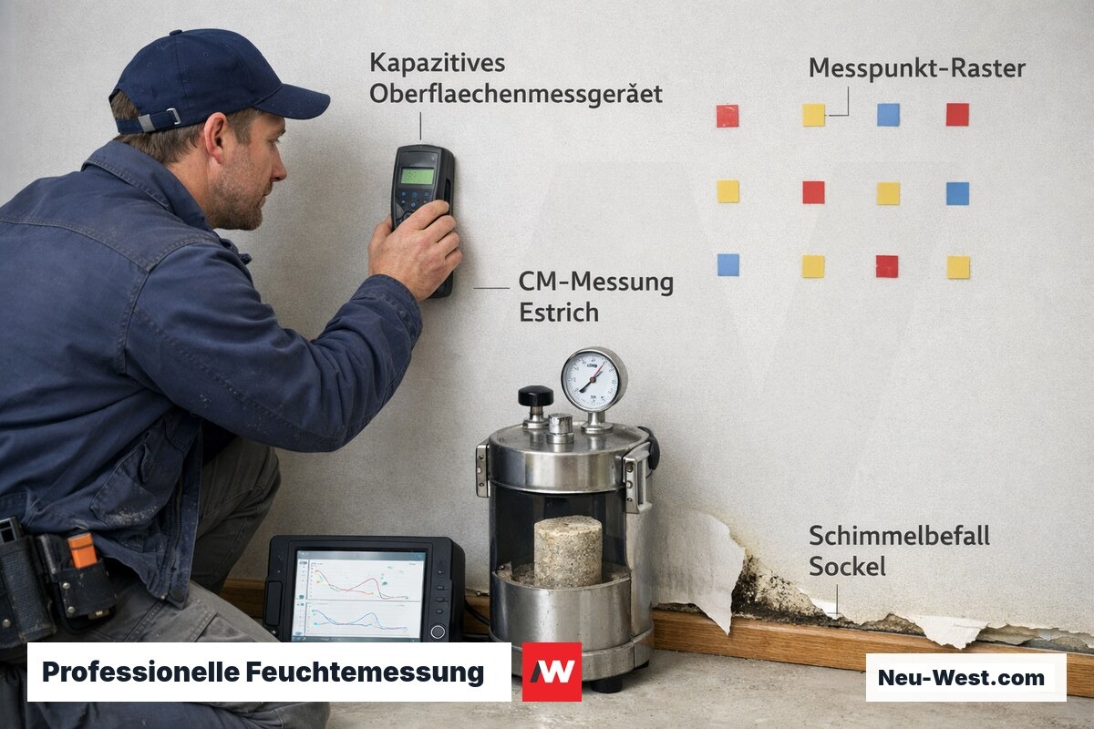 Baufachmann führt CM-Messung am Estrich und kapazitive Wandmessung durch, Messpunkte markiert, Schimmelansatz am Sockel sichtbar