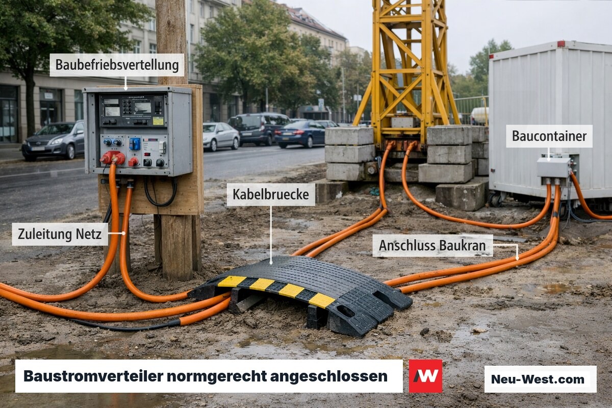 Temporärer Baustromverteiler auf Berliner Baustelle mit orangefarbenen Kabeln zu Kran, Betonmischer und Container