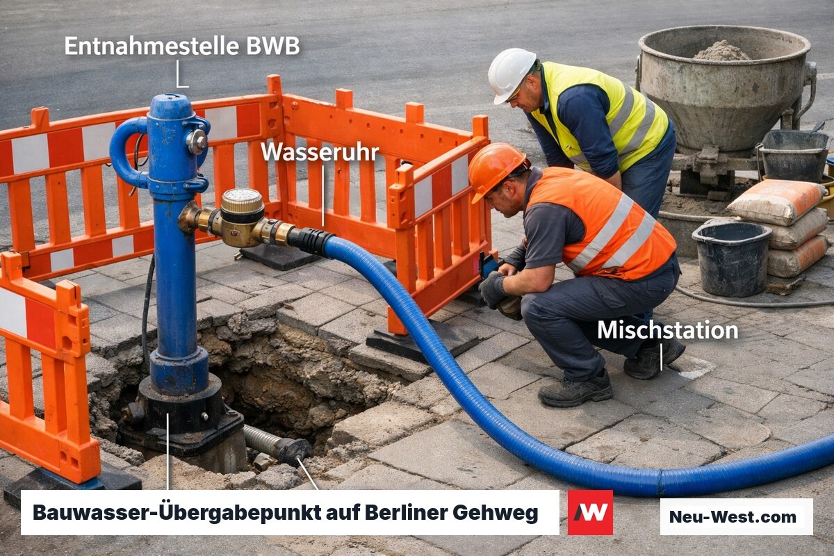 Temporärer Bauwasseranschluss der Berliner Wasserbetriebe im Gehweg mit Wasserzähler und Schutzabsperrung