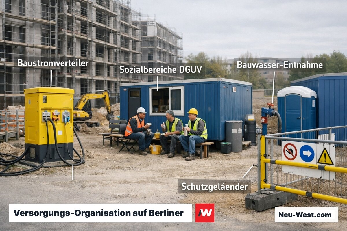Übersicht einer Berliner Baustelle mit räumlicher Anordnung von Baustrom, Bauwasser und Sozialcontainern