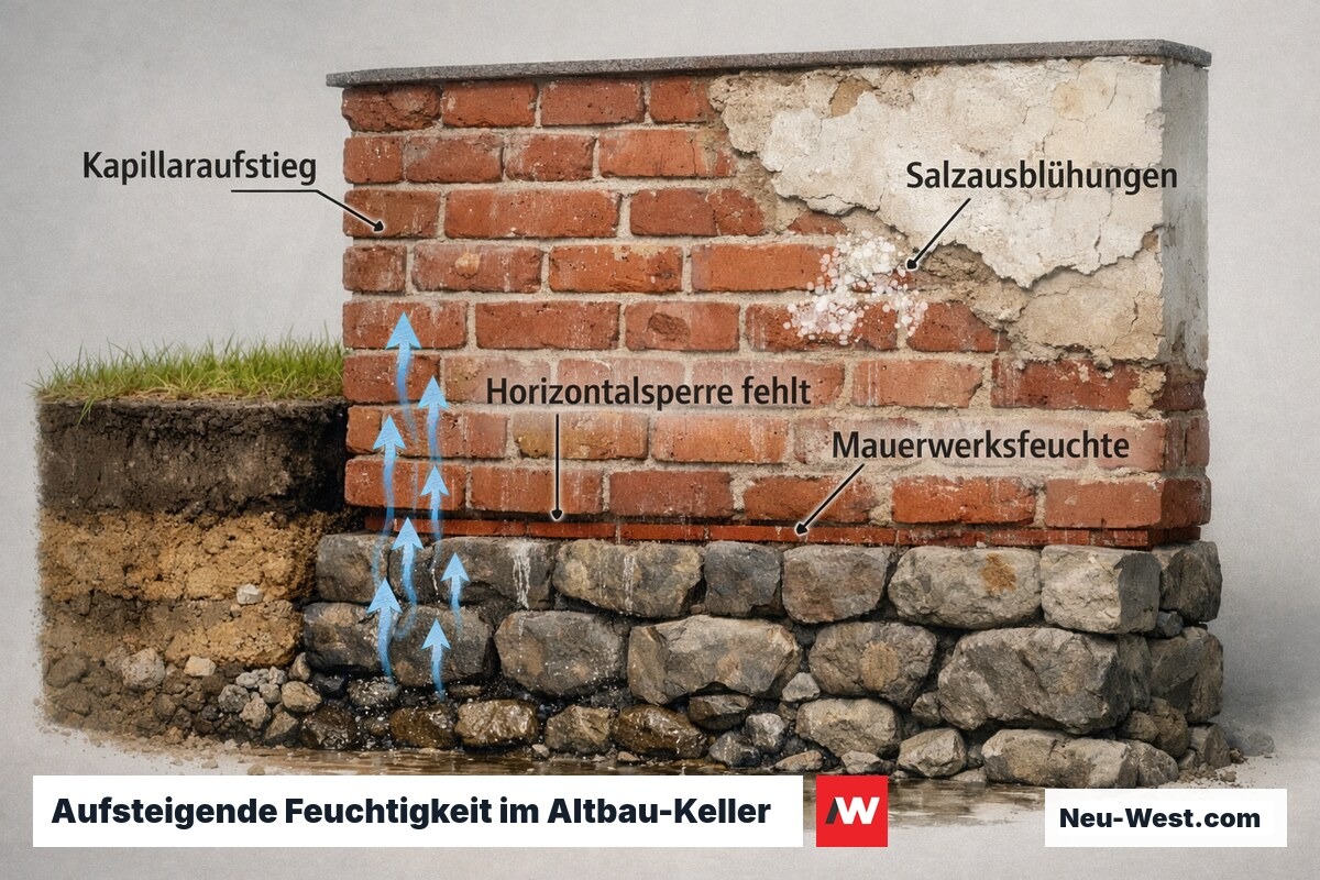 Schnittdarstellung eines Ziegelmauerwerks mit kapillar aufsteigender Feuchtigkeit und Salzausblühungen an der Kellerwand